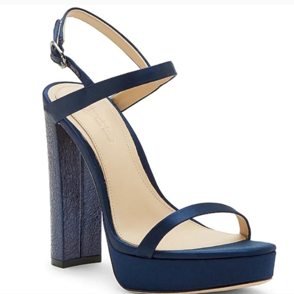 NEW! VINCE CAMUTO Inspire Mika Navy Satin Platform Heels 8.5.